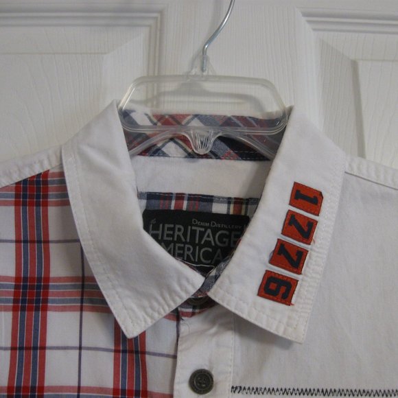 Denim Distillery Mens Short Sleeve Patchwork Plaid Shirt sz L Red White Blue - Picture 2 of 11